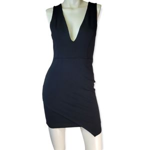Windsor Plunging Neckline Asymmetrical Hem Bodycon Dress, Black, EUC, size Small